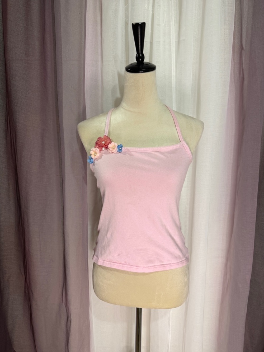 Hand Embellished Light Pink Floral-Accent Halter Tank Top